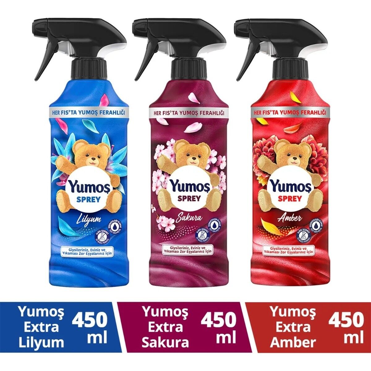 Yumoş Sprey Sakura 450 ml x1 + Yumoş Sprey Amber 450 ml x1 + Yumoş Sprey Lilyum 450 ml x1