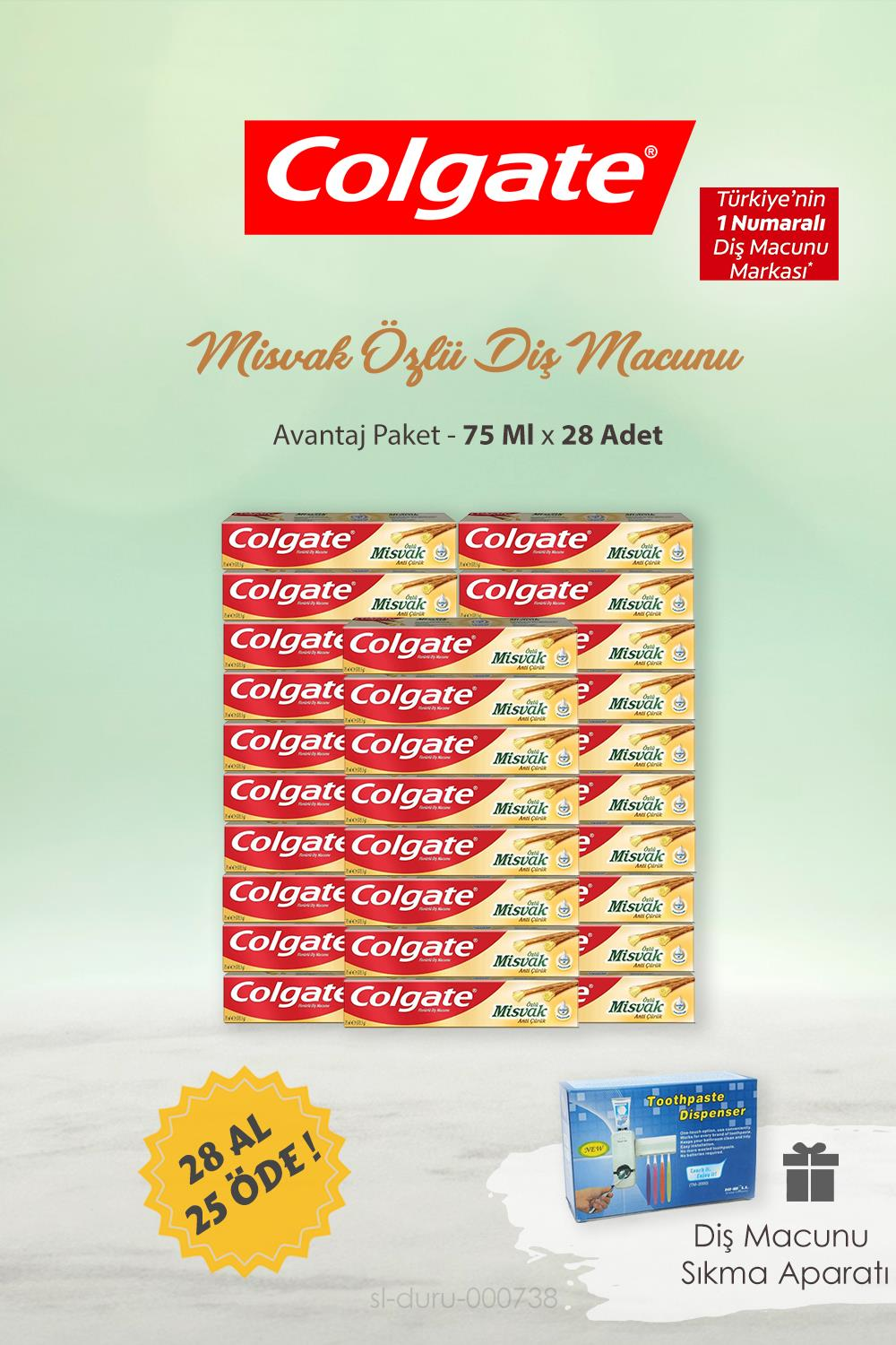 Colgate 28 AL 25 ÖDE  Diş Macunu Misvak Özlü 75 ml ve Diş Macunu Sıkma Aparatı Hediye