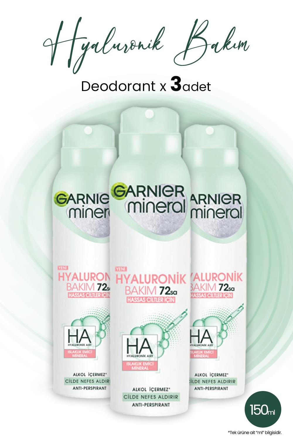 Garnier Mineral Hyaluronik Bakım 72H Sprey Deodorant 150 ml x 3 Adet