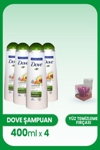Dove Şampuan Avokado Özü Dökülme Karşıtı 400 ml x 4 Adet ve Yüz Fırçası