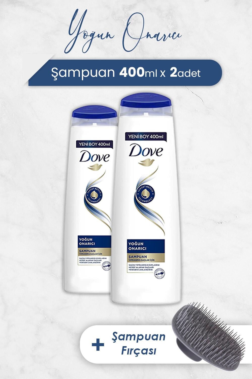 Dove Yoğun Onarıcı Şampuan 400 ml x 2 Adet ve Şampuan Fırçası