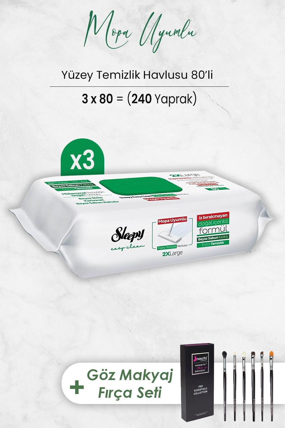 Sleepy Easy Clean Mopa Uyumlu Yüzey Temizlik Havlusu 80 Yaprak x 3 Adet ve Göz Makyaj Fırça Seti