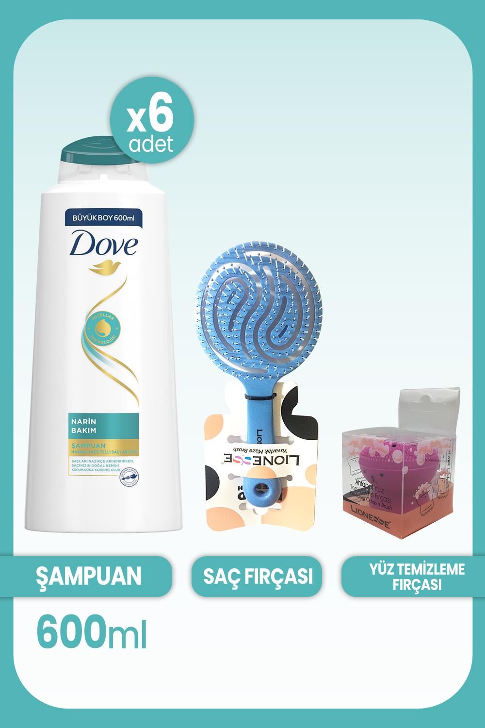 Dove Narin Bakım Şampuan 600 ML x 6 Adet & Saç ve Yüz Fırçası