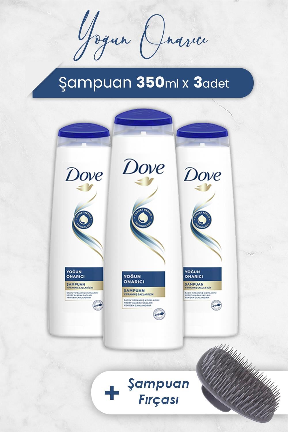 Dove Saç Bakım Şampuanı Yoğun Onarıcı 350 ml x 3 Adet ve Şampuan Fırçası