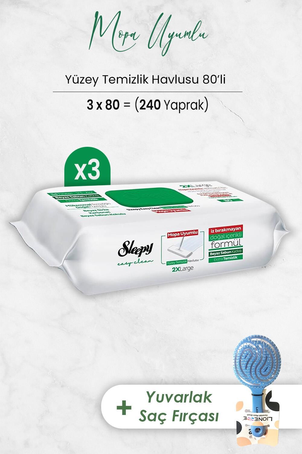 Sleepy Easy Clean Mopa Uyumlu Yüzey Temizlik Havlusu 80 Yaprak x 3 Adet ve Saç Fırçası Yuvarlak Mavi