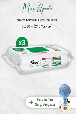 Sleepy Easy Clean Mopa Uyumlu Yüzey Temizlik Havlusu 80 Yaprak x 3 Adet ve Saç Fırçası Yuvarlak Mavi