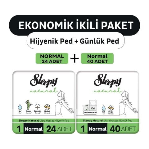 Sleepy Natural Ultra Hassas Hijyenik Ped Normal 24'Lü + Günlük Ped Normal 40'Lı