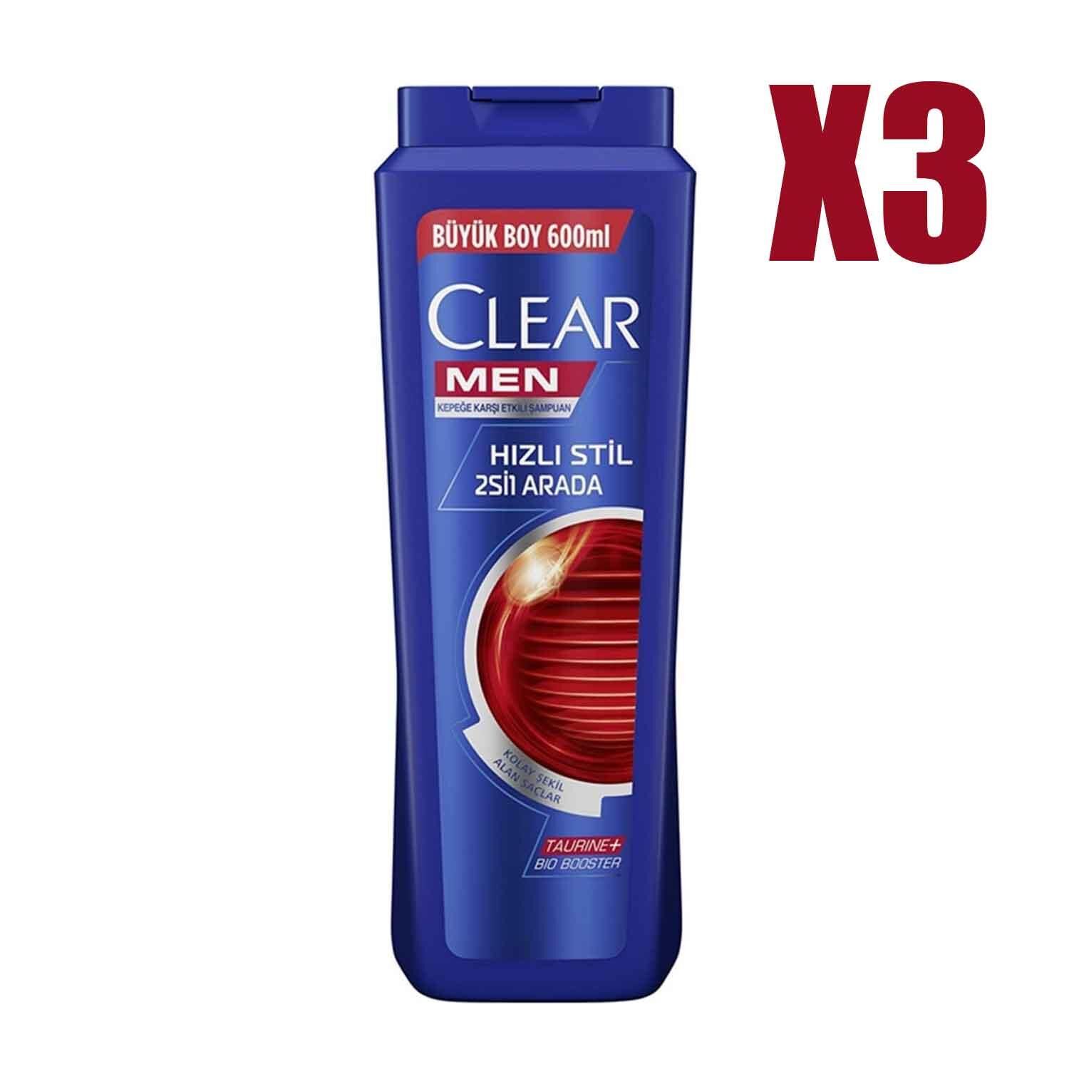 Clear Kepeğe Karşı Etkili Hızlı Stil 2'si 1 Arada Şampuan 600 ML x 3