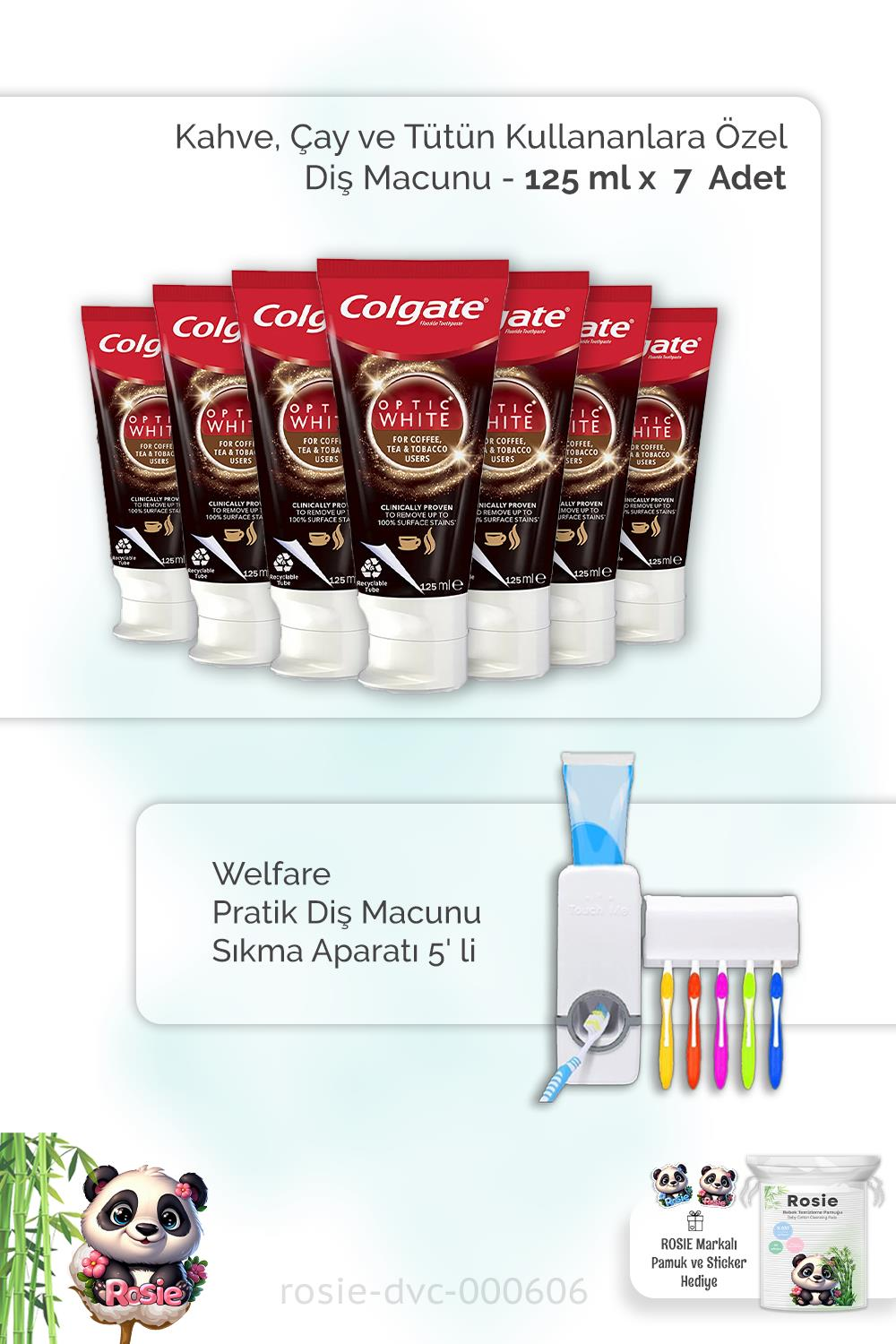 7 Adet Colgate Kahve, Çay ve Tütün Kullananlar İçin Diş Macunu 125 ml , Diş Macunu Aparatı ve ROSIE