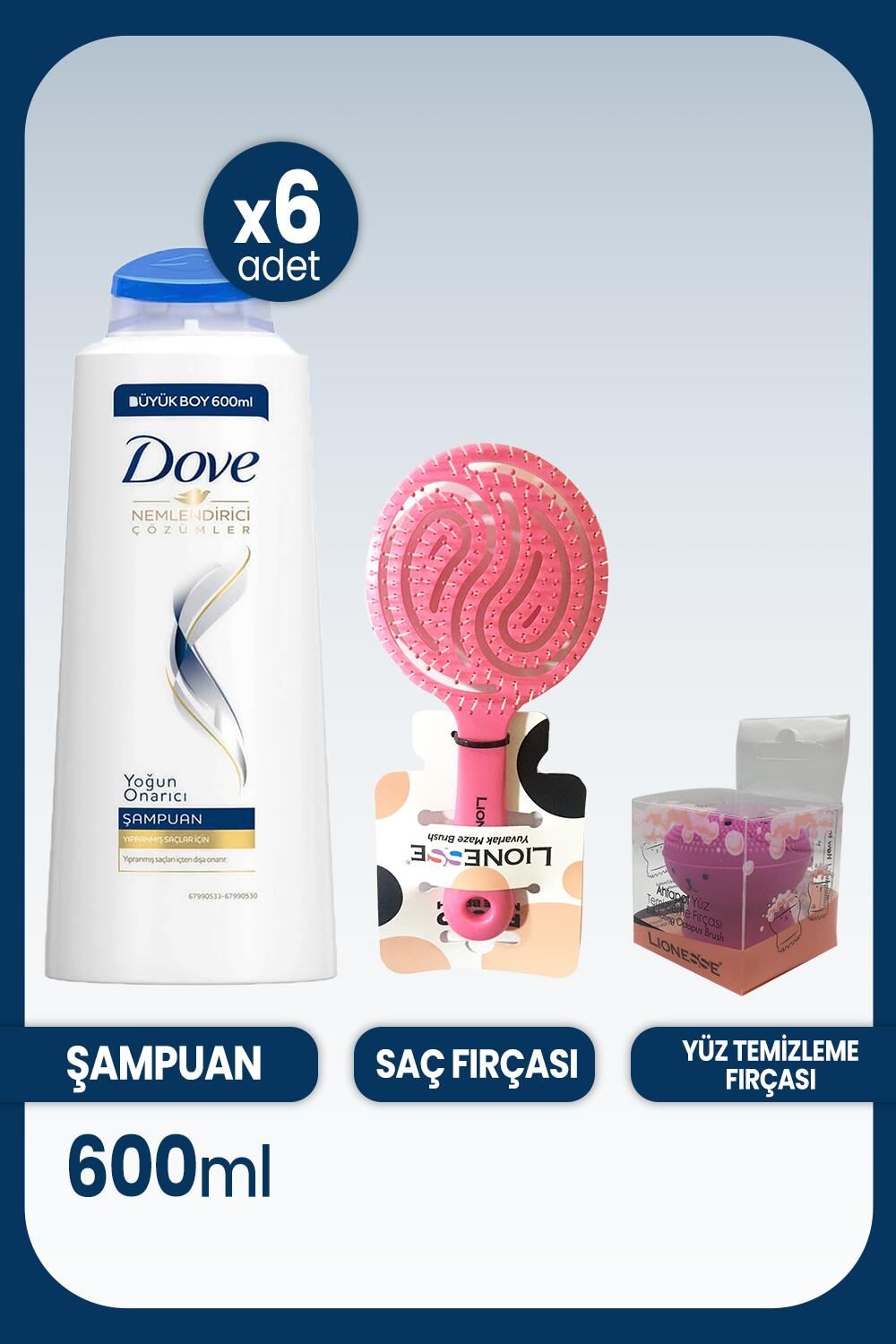 Dove Yoğun Onarıcı Şampuan 600 ML x 6 Adet & Saç ve Yüz Fırçası