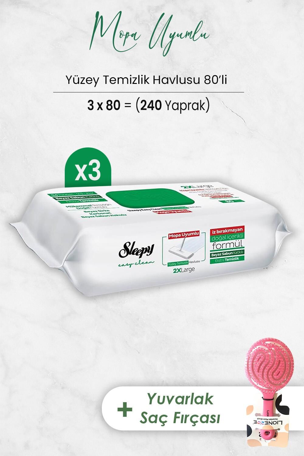 Sleepy Easy Clean Mopa Uyumlu Yüzey Temizlik Havlusu 80 Yaprak x 3 Adet ve Saç Fırçası Yuvarlak Pembe