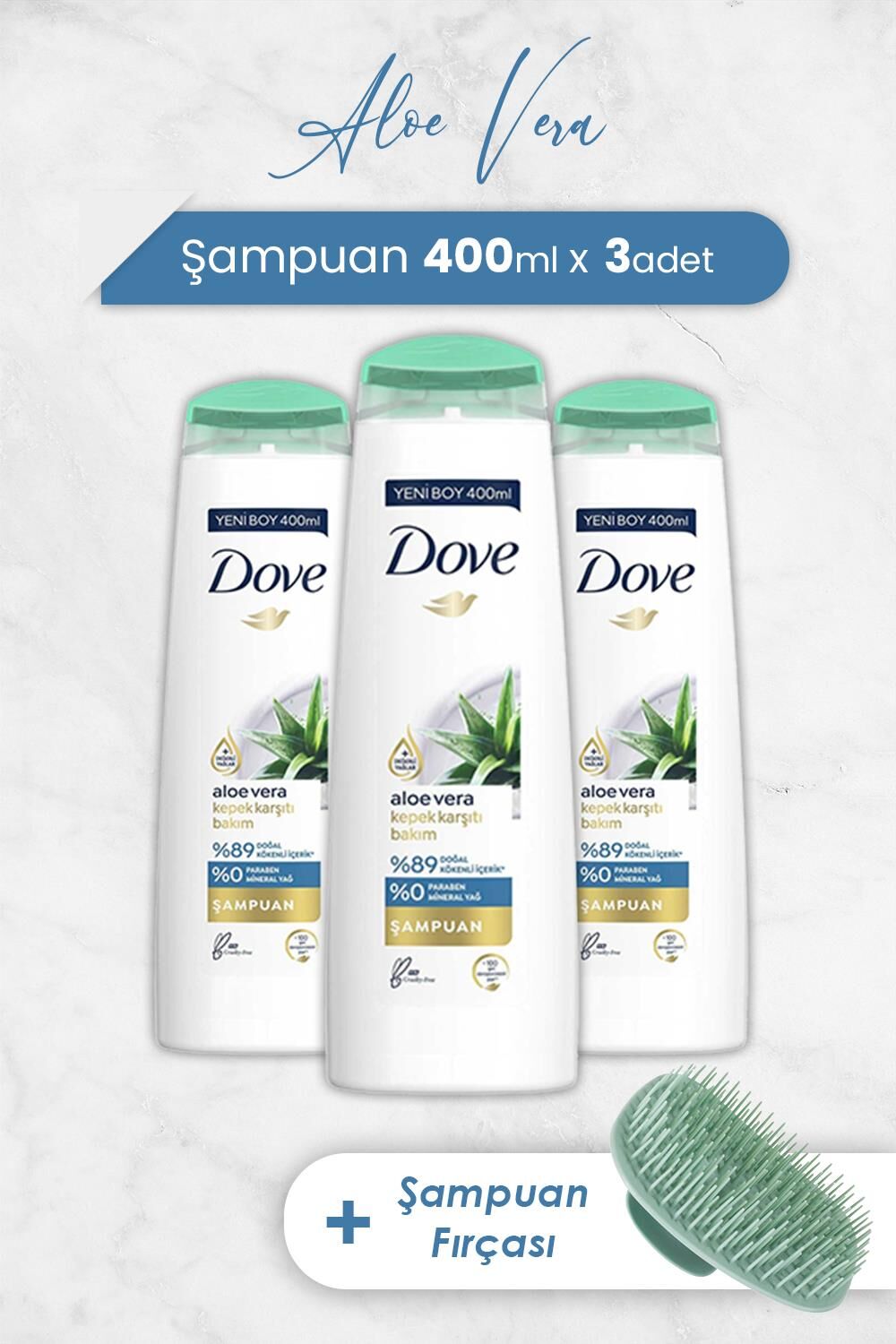 Dove Saç Bakım Şampuanı Aloe Vera 400 ml x 3 Adet ve Şampuan Fırçası