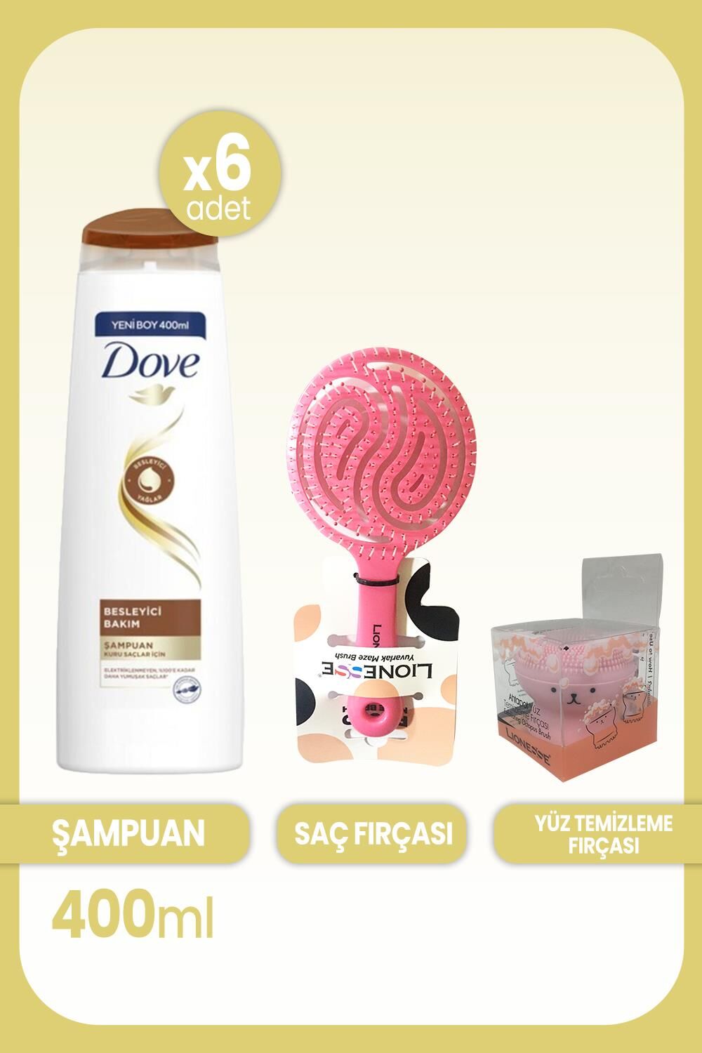 Dove Şampuan Besleyici Bakım Kuru Saçlar İçin 400 ML x 6 Adet &  Saç ve Yüz Fırça