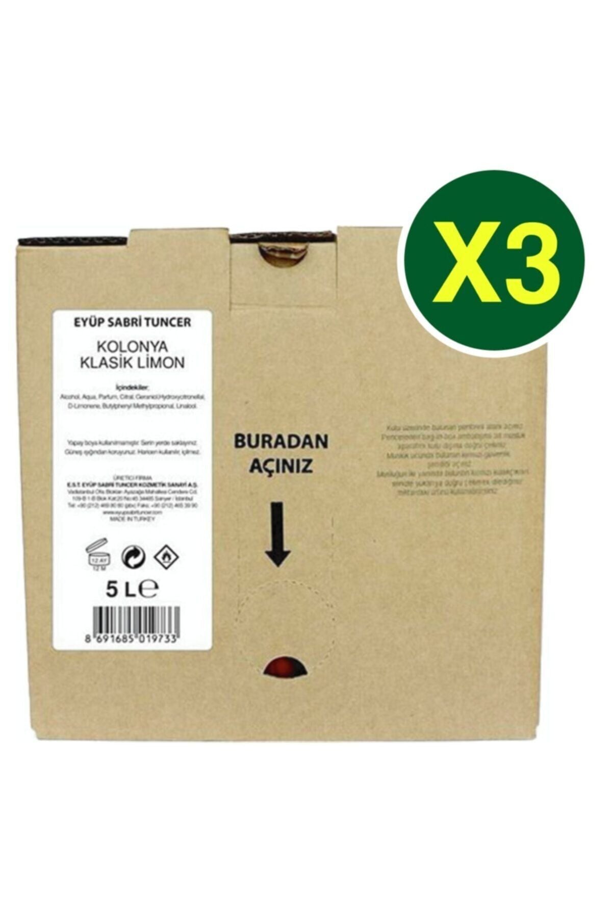 Eyüp Sabri Tuncer Klasik Limon Kolonyası 5 Lt (Dökme Paket) x 3 Adet
