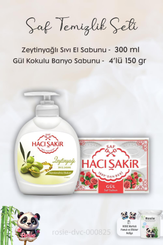 Hacı Şakir Zeytinyağlı  Sıvı Sabun 300 ml, Gül Kokulu Banyo Sabunu 4 x 150 gr ve ROSIE