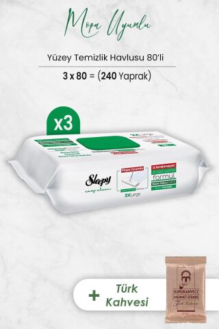 Sleepy Easy Clean Mopa Uyumlu Yüzey Temizlik Havlusu 80 Yaprak x 3 Adet ve Türk Kahvesi 100 gr