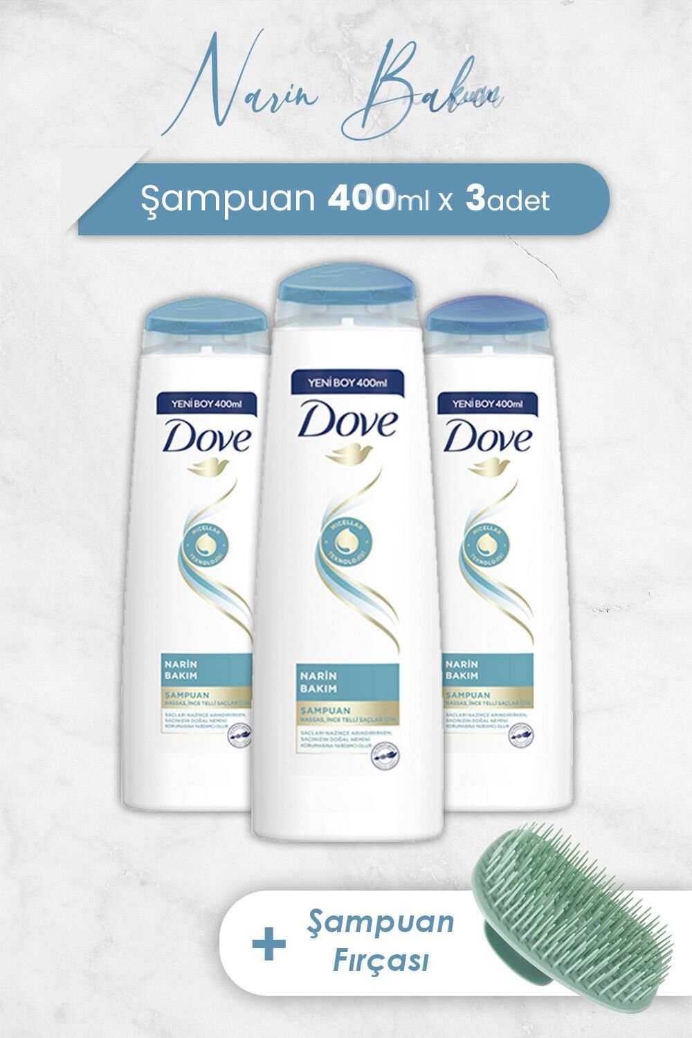 Dove Saç Bakım Şampuanı Narin Bakım 400 ml x 3 Adet ve Şampuan Fırçası