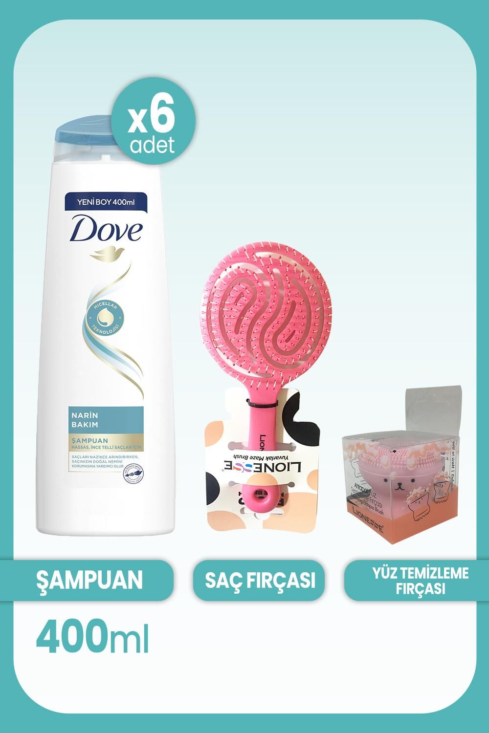Dove Şampuan Narin Bakım Hassas İnce Telli Saçlar 400 ml x 6 Adet & Saç ve Yüz Fırçası