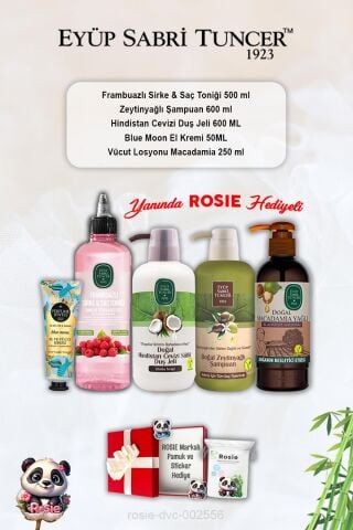 Blue Moon Krem,  Hindistan Cevizi Duş Jeli, Frambuaz Tonik, Zeytinyağlı Şampuan, Macadamia Losyon ve Rosie