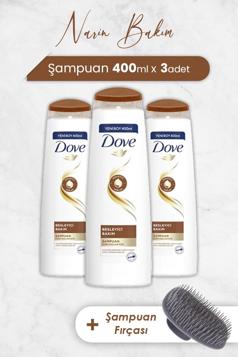 Dove Saç Bakım Şampuanı Besleyici Bakım 400 ml x 3 Adet ve Şampuan Fırçası