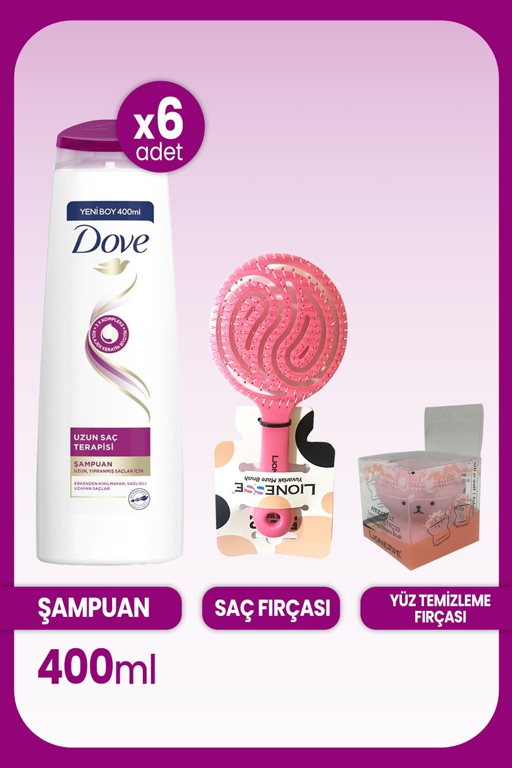 Dove Şampuan Uzun Saç Terapisi Uzun Yıpranmış  400 ml x 6 Adet & Saç ve Yüz Fırçası