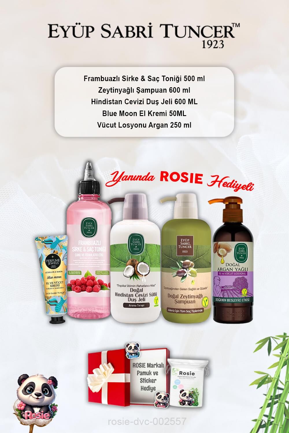 Argan Losyon, Blue Moon Krem,  Hindistan Cevizi Duş Jeli, Frambuaz Tonik, Zeytinyağlı Şampuan ve Rosie