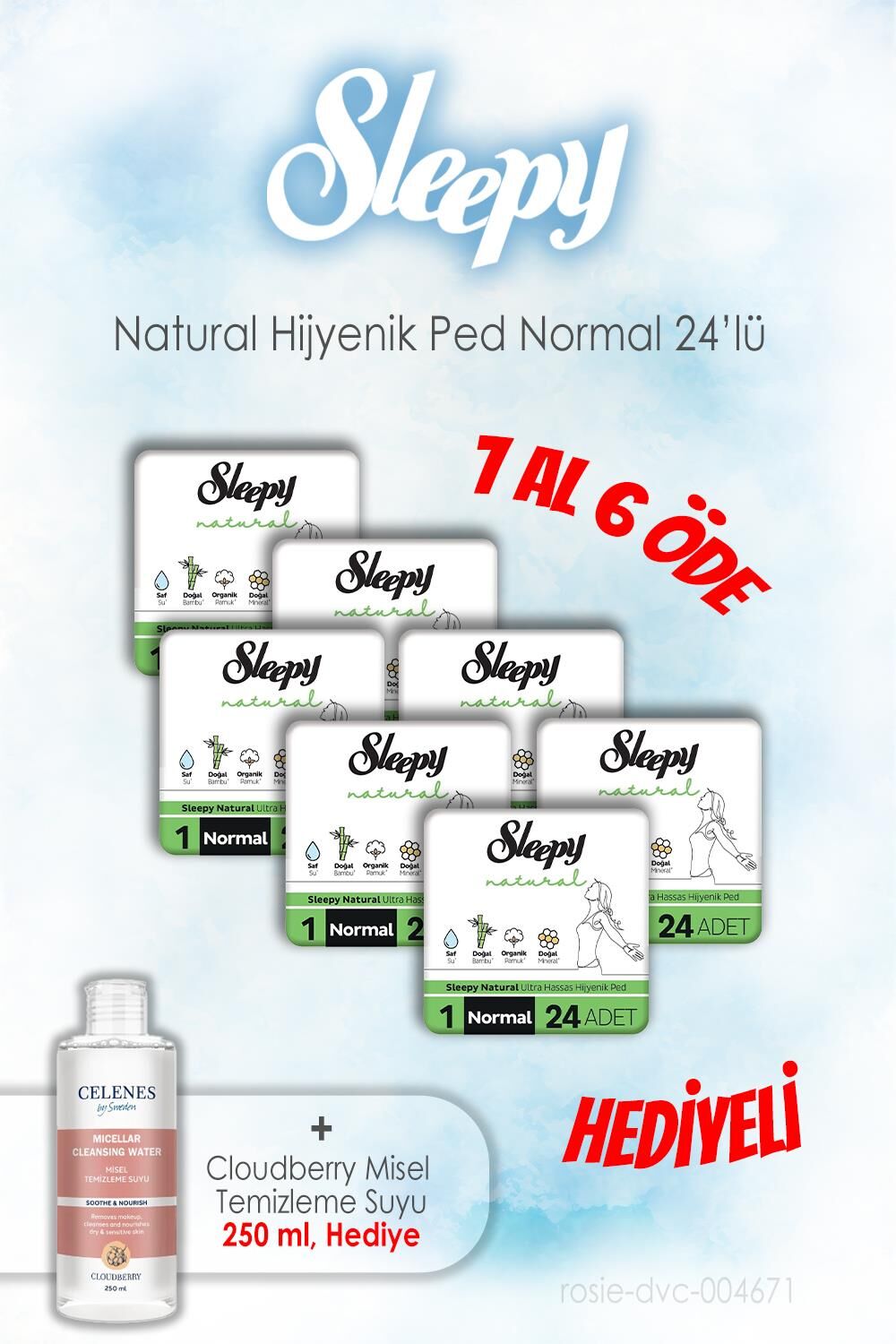 7 AL 6 ÖDE Sleepy 24'lü Natural Hijyenik Normal ve 250 ML Temizleme Suyu
