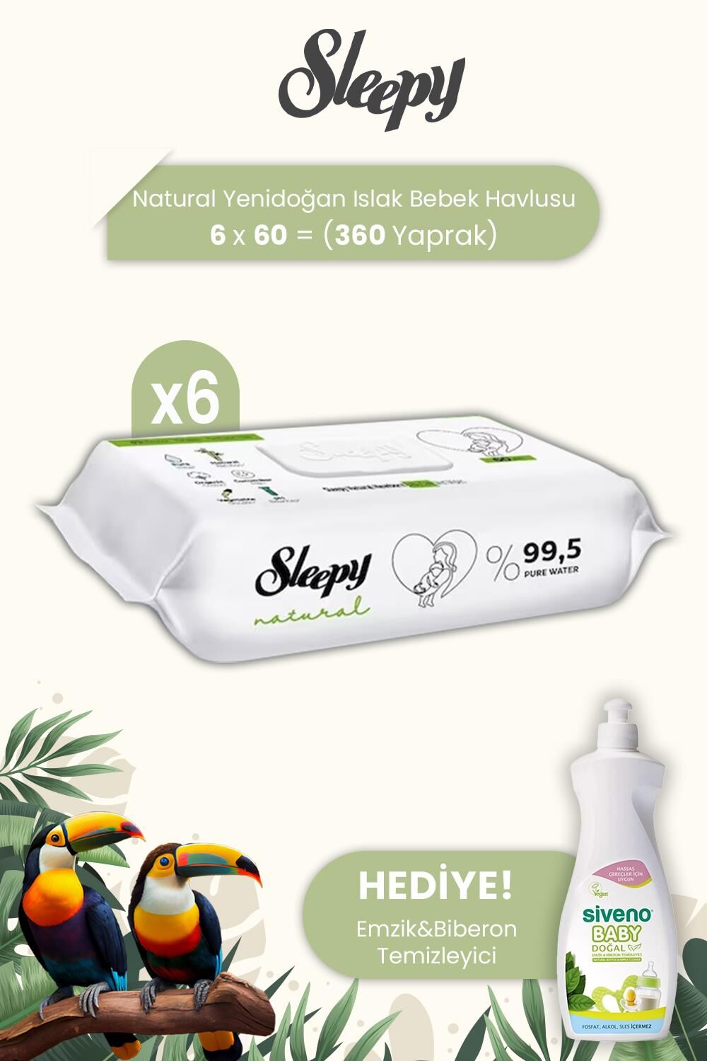 Sleepy Natural Yenidoğan Islak Bebek Havlusu 60'lı x 6 Adet ve Biberon Emzik Temizleyici