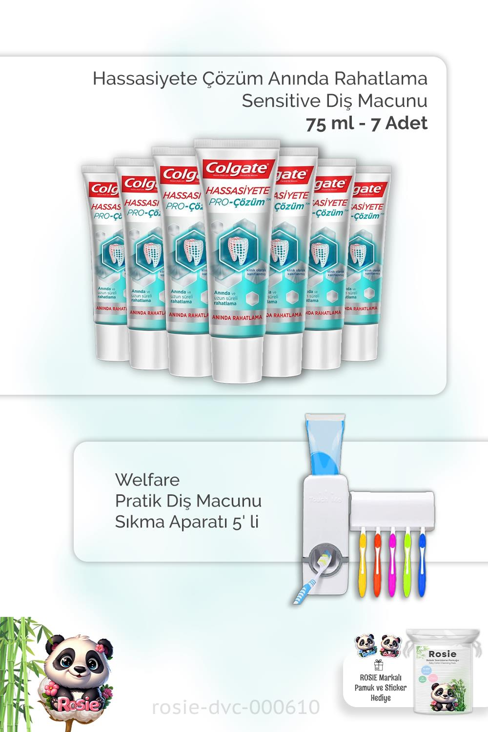 7 Adet Colgate Hassasiyete Çözüm Anında Rahatlama Sensitive Diş Macunu 75 ml, Diş Macunu Aparatı ve ROSIE