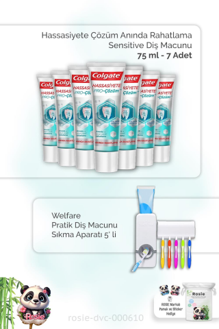7 Adet Colgate Hassasiyete Çözüm Anında Rahatlama Sensitive Diş Macunu 75 ml, Diş Macunu Aparatı ve ROSIE