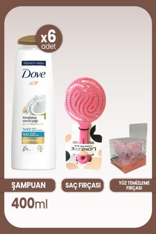 Dove Şampuan Hindistan Cevizi Yağı Güçlendirici 400 ml x 6 Adet & Saç ve Yüz Fırçası