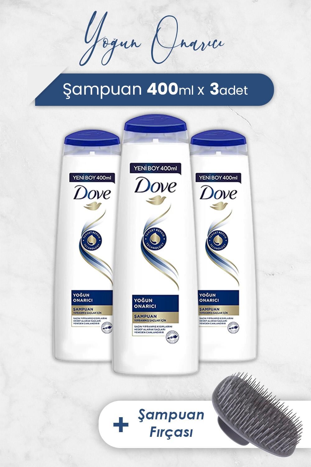 Dove Yoğun Onarıcı Şampuan 400 ml x 3 Adet ve Şampuan Fırçası