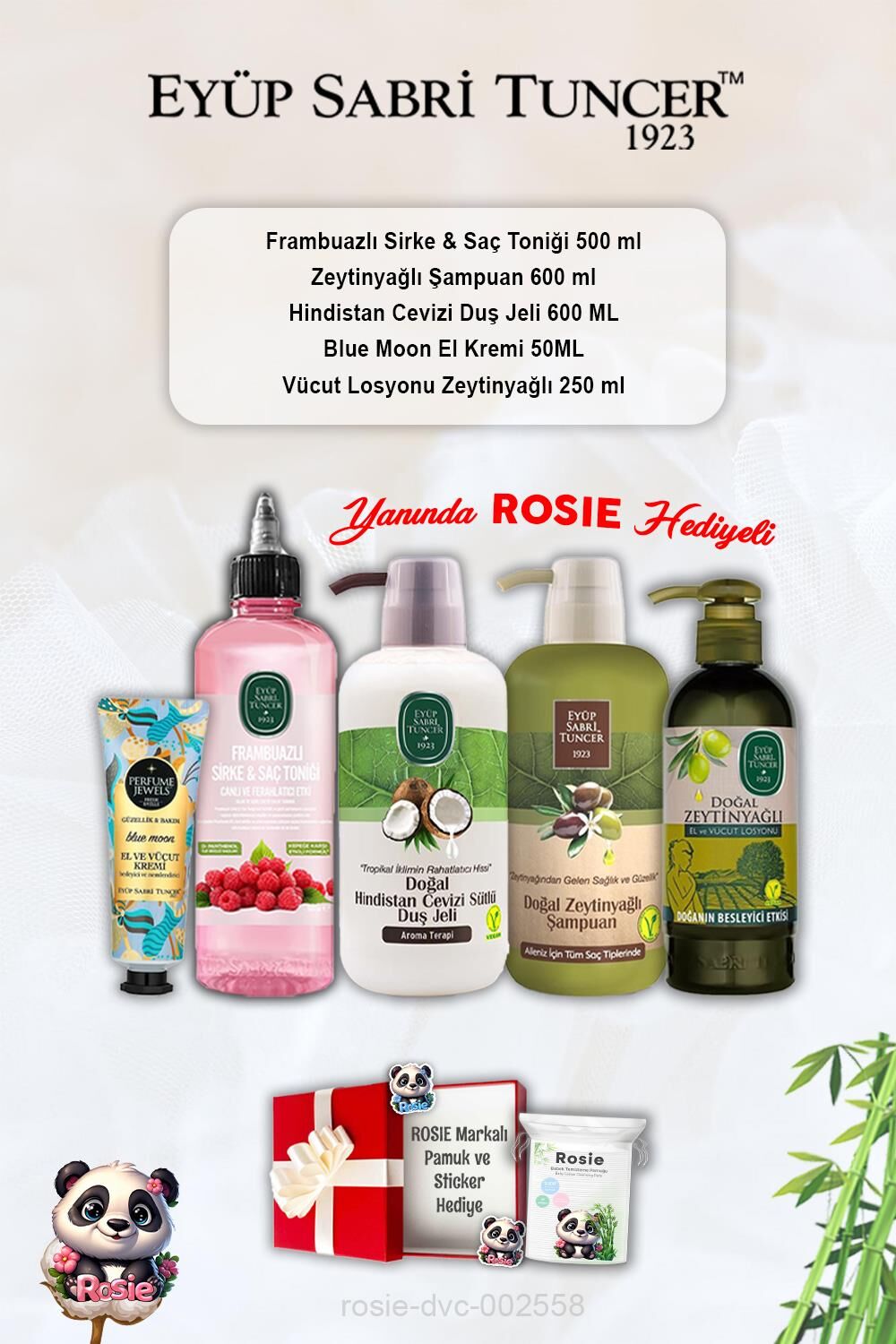 Zeytinyağlı Losyon ve Şampuan, Frambuaz Tonik, Blue Moon Krem, Hindistan Cevizi Duş Jeli ve Rosie