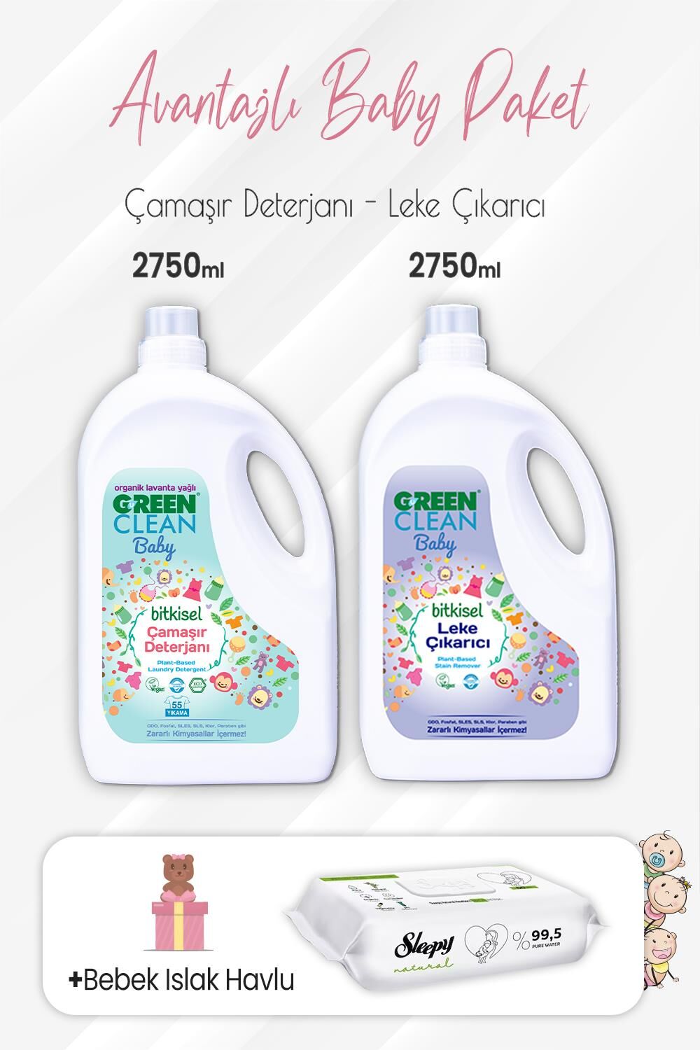 Green Clean Baby Leke Çıkarıcı ve Deterjanı 2750 ml ve Yenidoğan Bebek Havlu 60'lı