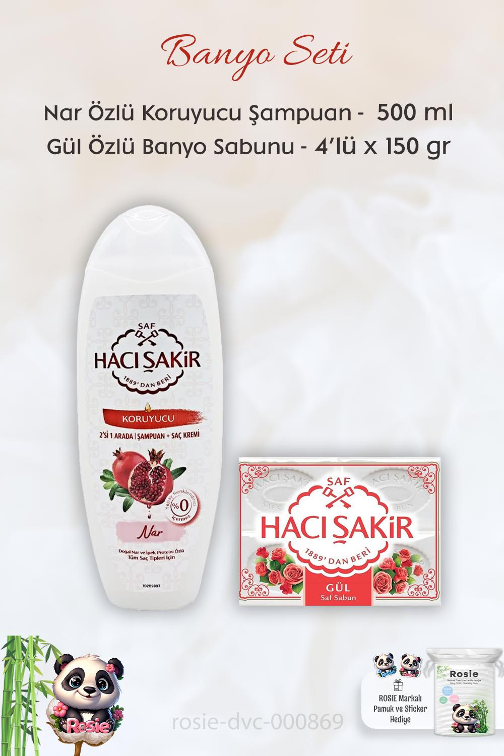 Hacı Şakir Nar 2si 1 Arada Şampuan 500 ml,  Gül Kokulu Banyo Sabunu 4 x 150 gr ve ROSIE