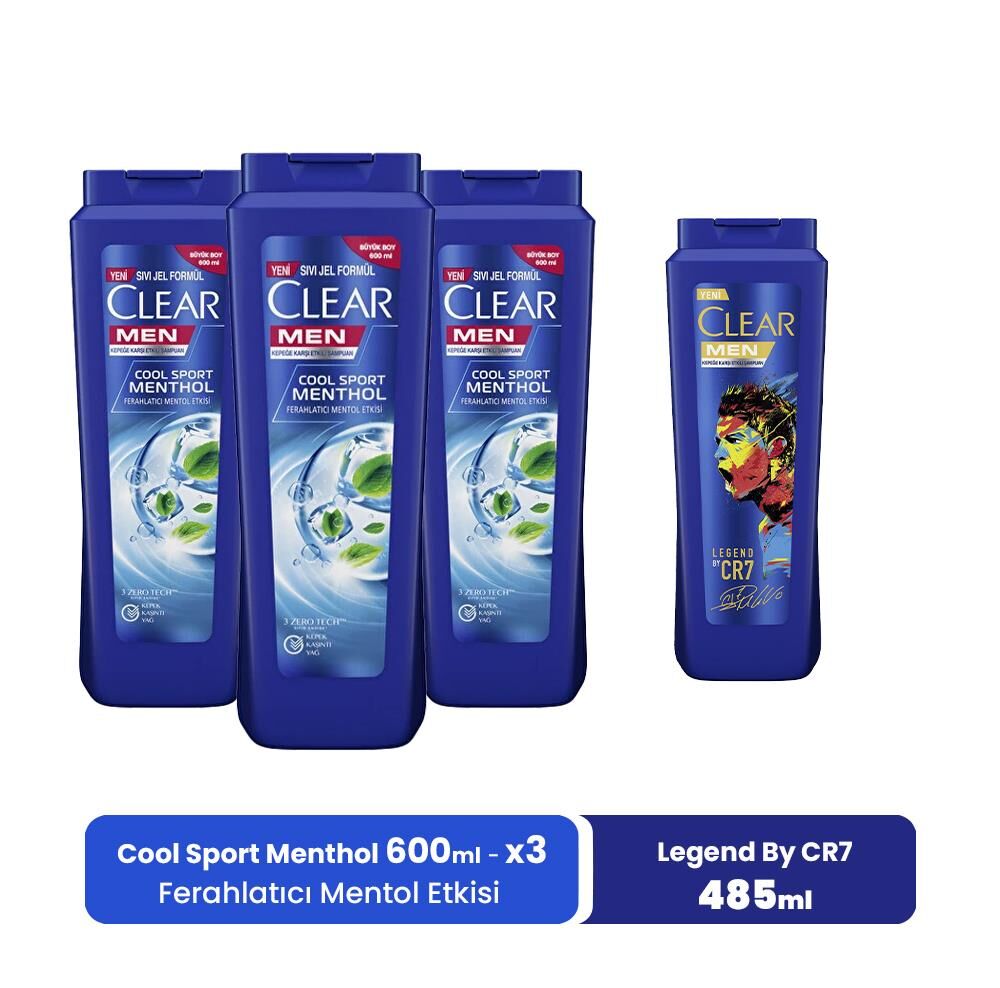 Clear Men Kepeğe Karşı Etkili Şampuan Cool Sport Menthol 600 ml x 3 ve Legend By CR7 485 ml