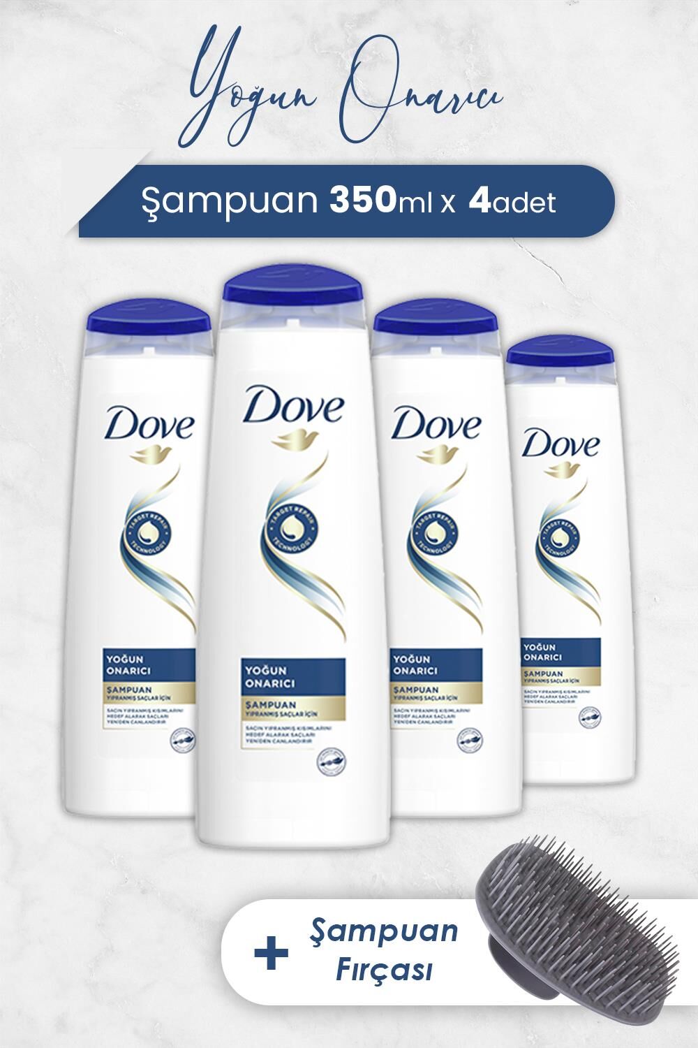 Dove Saç Bakım Şampuanı Yoğun Onarıcı 350 ml x 4 Adet ve Şampuan Fırçası