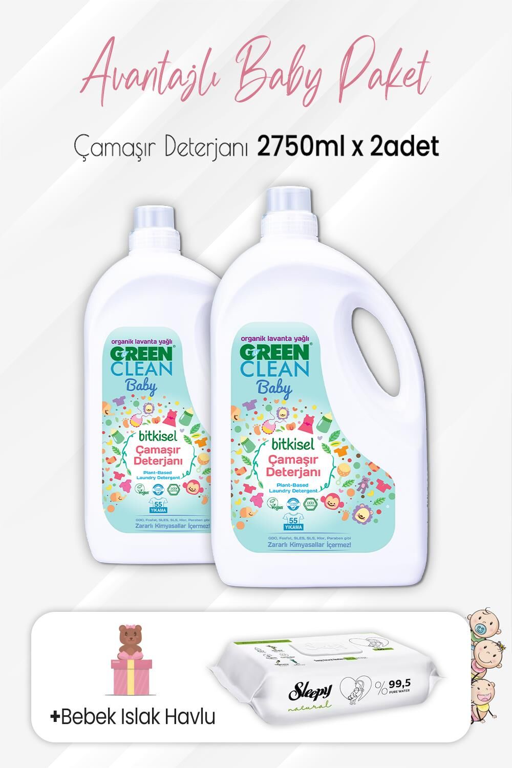 Green Clean Baby Bitkisel Çamaşır Deterjanı 2750 ml x 2 Adet ve Natural Yenidoğan 60'lı