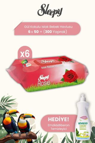 Sleepy Gül Kokulu Islak Bebek Havlusu 50 Yaprak x 6 Adet ve Biberon Emzik Temizleyici