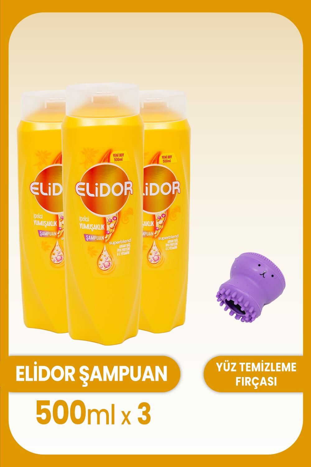 Elidor Superblend Şampuan İpeksi Yumuşaklık 500 ml x 3 Adet & Yüz Fırçası