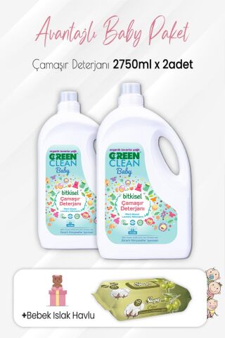 Green Clean Baby Çamaşır Deterjanı 2750 ml x 2 Adet ve Zeytinyağlı Pamuklu 50'li