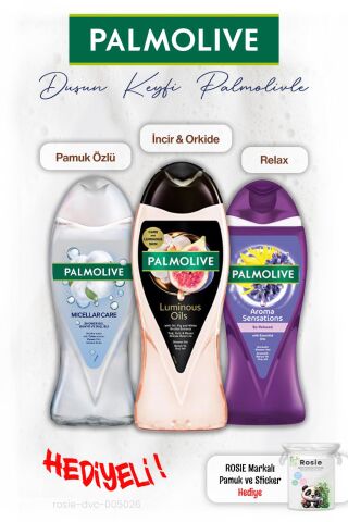 Palmolive 3'lü Duş Jeli İncir 250 ml, Pamuk Özü ve Relax 500 ml, ROSIE hediye