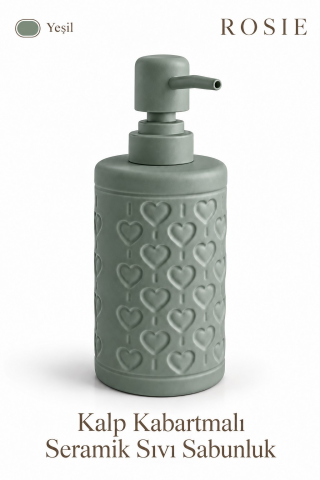 ROSIE Adaçayı Yeşili Kabartma Kalp Desenli Yuvarlak Seramik Sıvı Sabunluk 350 ml