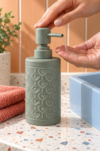 ROSIE Adaçayı Yeşili Kabartma Kalp Desenli Yuvarlak Seramik Sıvı Sabunluk 350 ml