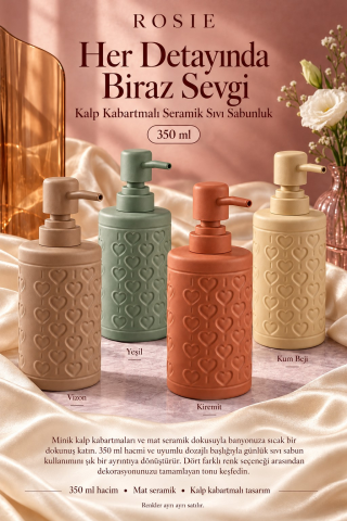 ROSIE Adaçayı Yeşili Kabartma Kalp Desenli Yuvarlak Seramik Sıvı Sabunluk 350 ml