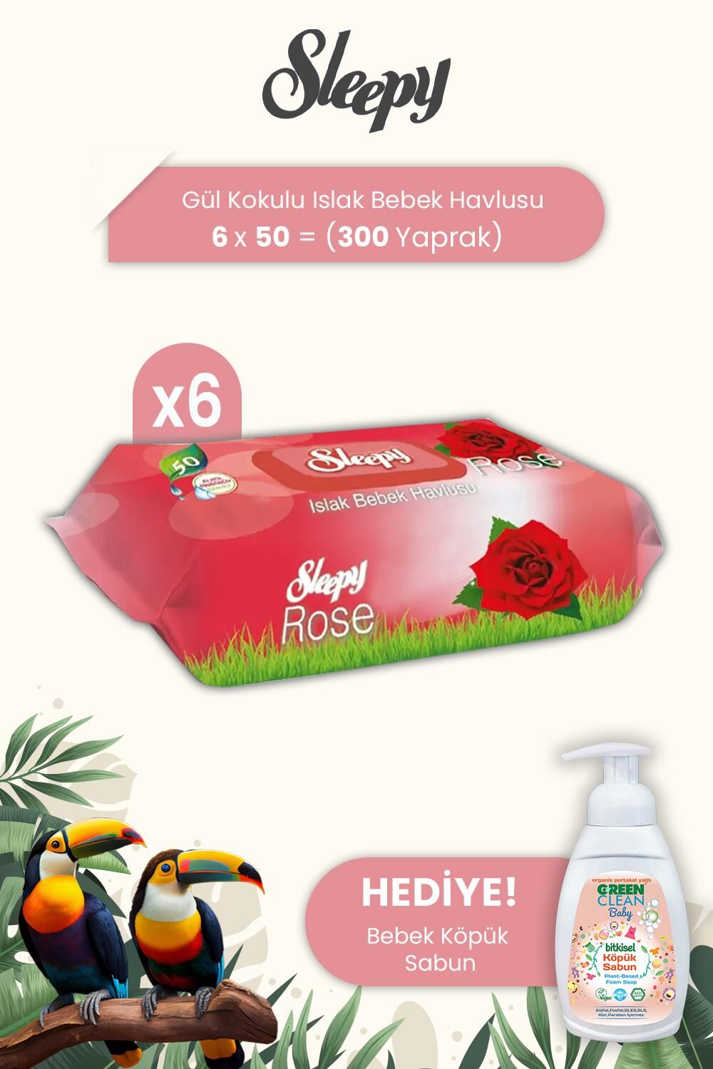 Sleepy Gül Kokulu Islak Bebek Havlusu 50 Yaprak x 6 Adet ve Baby Köpük Sabun