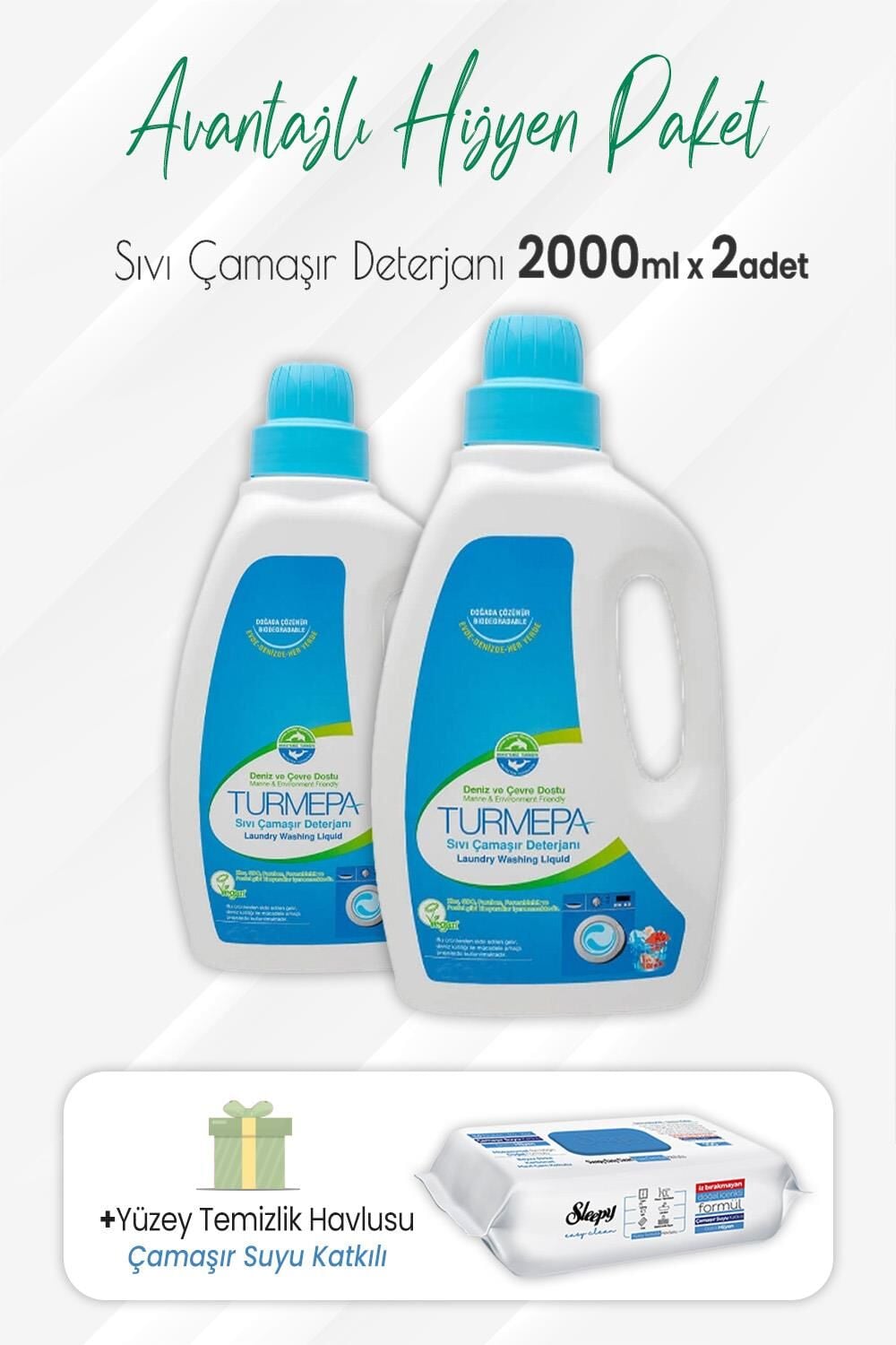 Turmepa Sıvı Çamaşır Deterjanı 2 lt x 2 Adet ve Çamaşır Sulu Yüzey Temizlik 100' lü