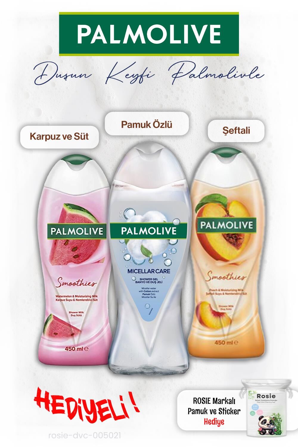 Palmolive 3'lü Duş Jeli Pamuk Özlü 500 ml, Şefali 450 ml, Karpuz 450 ml, ROSIE hediye