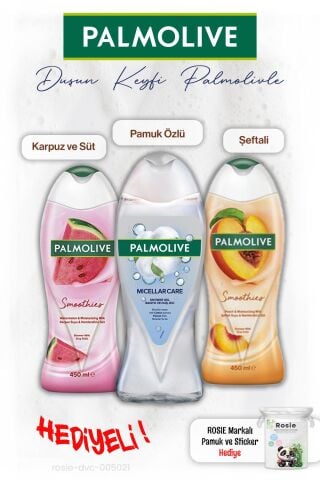 Palmolive 3'lü Duş Jeli Pamuk Özlü 500 ml, Şefali 450 ml, Karpuz 450 ml, ROSIE hediye