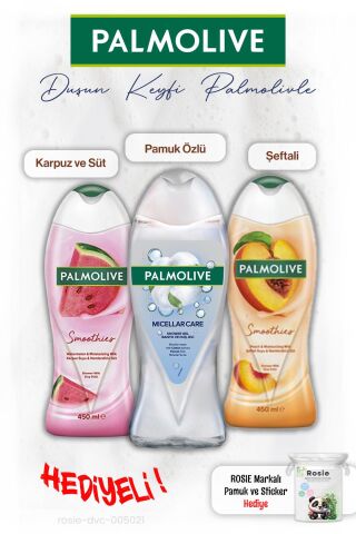 Palmolive 3'lü Duş Jeli Pamuk Özlü 500 ml, Şefali 450 ml, Karpuz 450 ml, ROSIE hediye